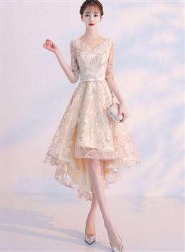 Picture of Light Champagne Lovely Lace High Low Homecoming Dresses, New Short Prom Dresses